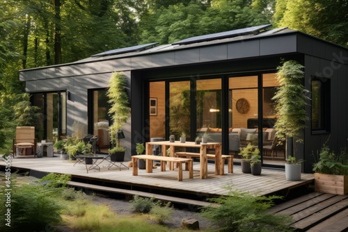 Contemporary dwelling showcasing solar panels and innovative energy storage solutions photo