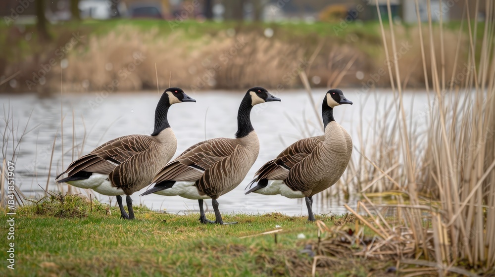 Three Canadian Geese next to a body of water Three Canadian Geese next to a body of water