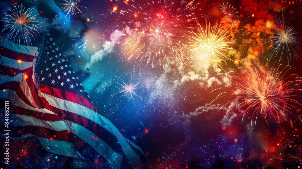 A stunning poster of the American flag waving proudly against a background of colorful fireworks exploding in the night sky. A stunning poster of the American flag waving proudly against a background of colorful fireworks exploding in the night sky.