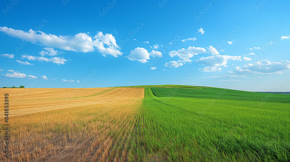 Obraz premium vast expanse of a countryside landscape. On the left, there's a field with golden-hued hay bales scattered across it, indicating a recently harvested crop. 