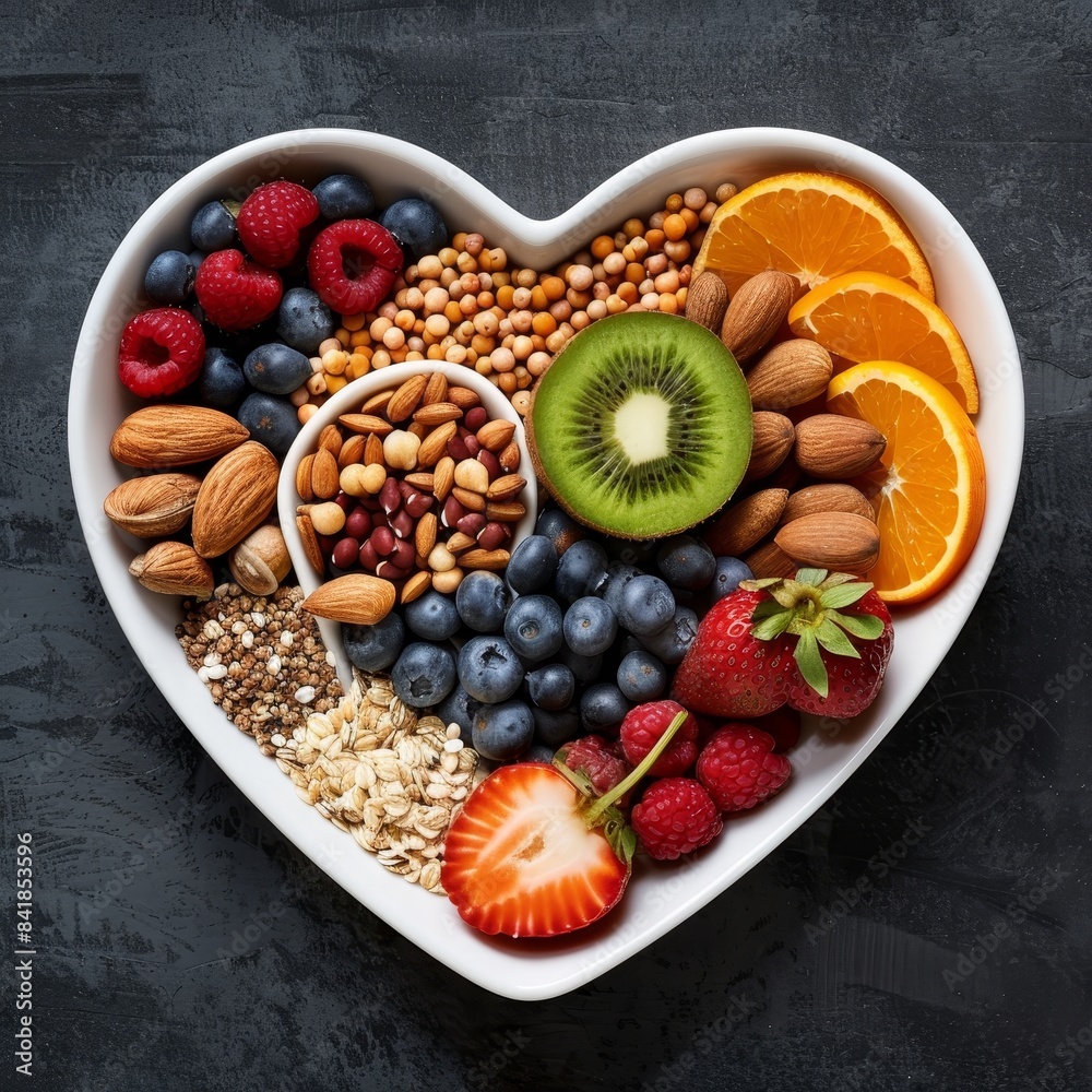 Heart-shaped bowl showcasing healthy diet foods, fresh fruits, vegetables, and grains, vibrant background, promoting heart health, minimalist, photo realistic