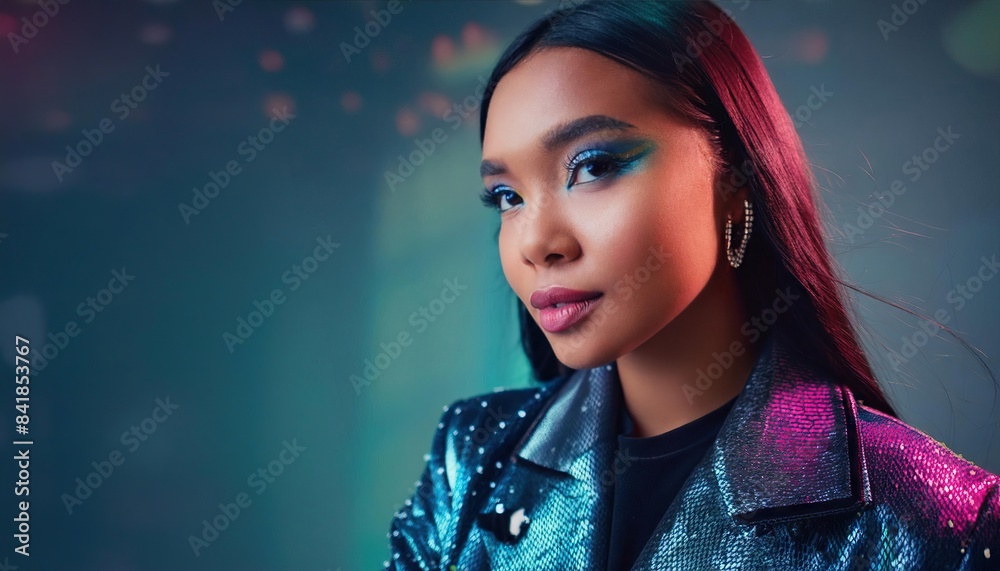 Fototapeta premium Fashion Surreal Concept. Futuristic woman girl in neon light dotted line and natural makeup in graphic futuristic bright bold art deco minimalist aesthetics cape jacket