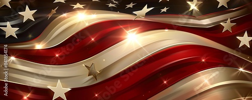 Abstract glossy interpretation of the American flag with modern, dynamic stripes and stars for a festive backdrop.