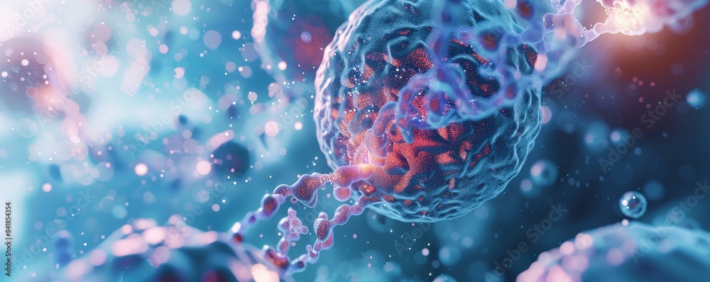 Photo-realistic 3D render of a stem cell with DNA injection, showing the fine details of cell therapy and genetic engineering, high detail