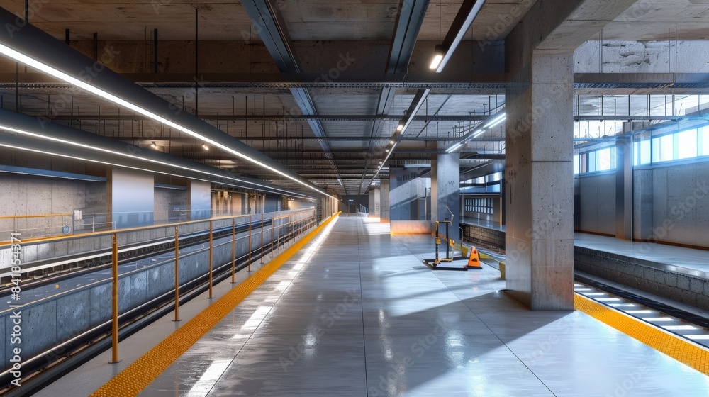 Fototapeta premium An underground construction site for a metro station, highlighting the complexity and scale of modern urban infrastructure development.