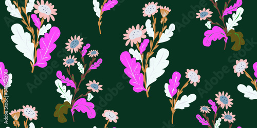 Stylized chamomile flowers, floral pattern. Vector overlapping seamless pattern