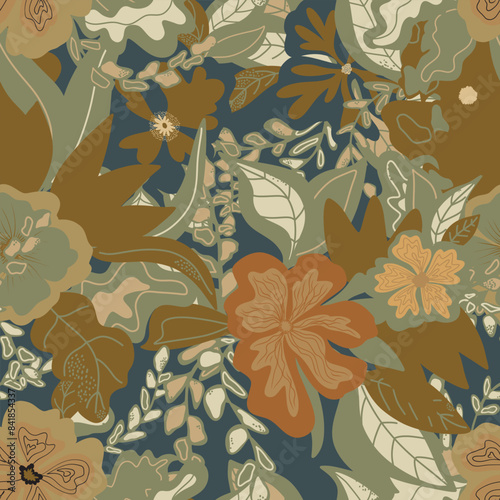 stylized flowers in flat style hand drawn vector seamless pattern. Retro style