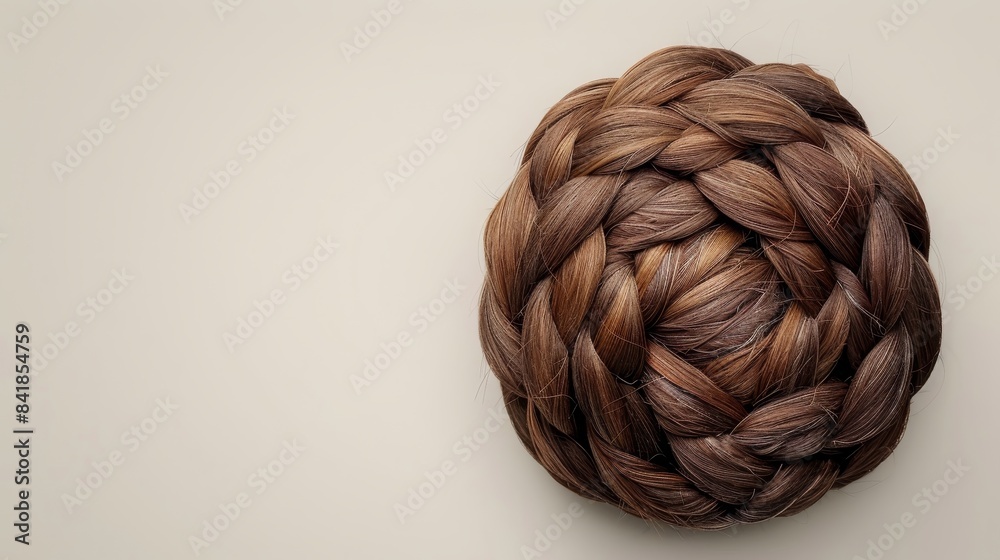 Top angle of detailed braided bun, light backdrop, clear area for text, high-key studio lighting, ideal for commercial advertising Top angle of detailed braided bun, light backdrop, clear area for text, high-key studio lighting, ideal for commercial advertising