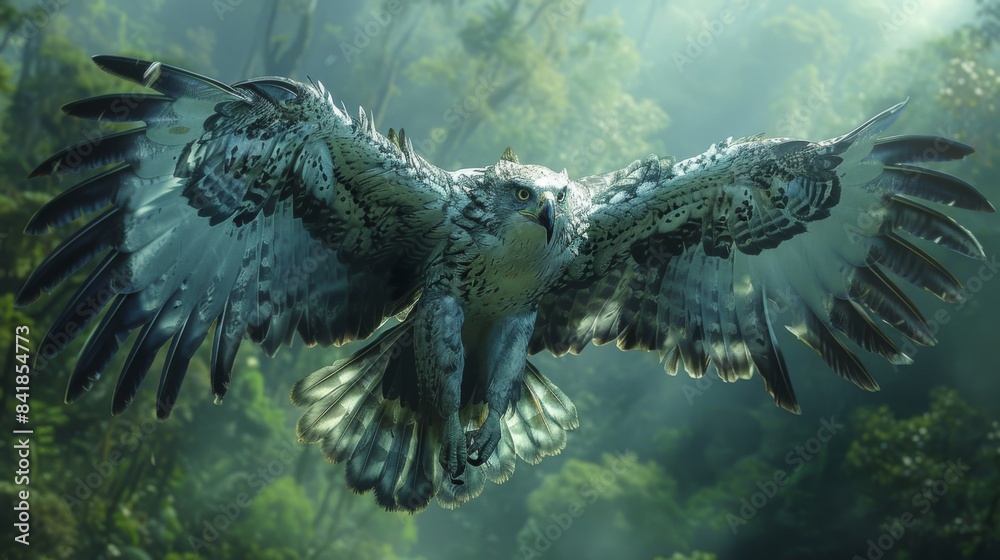 The harpy eagle, with its keen eyes, soars above the forest, scanning