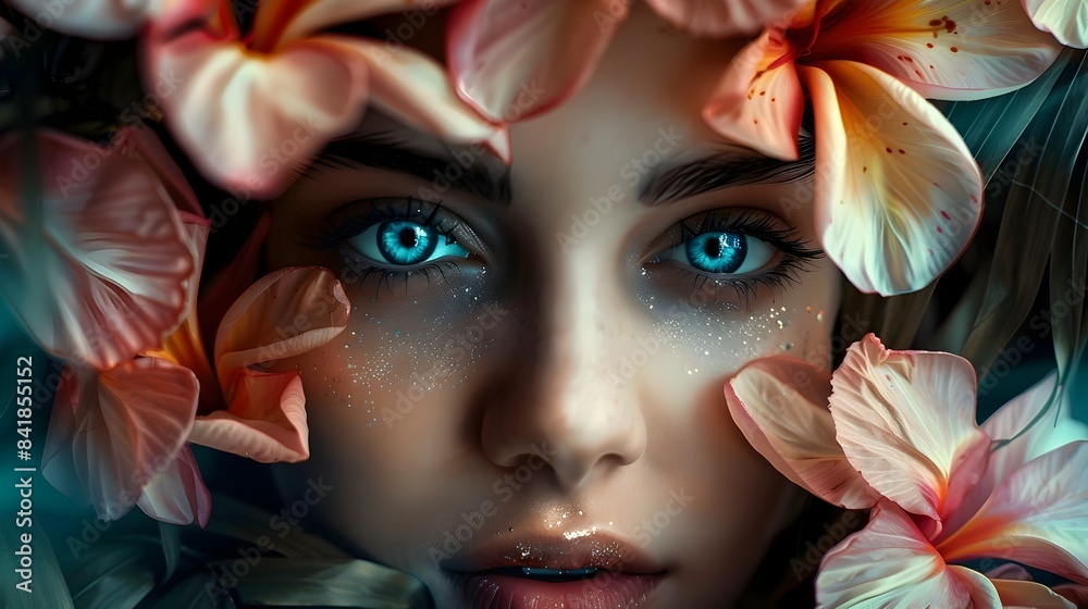 Fototapeta premium Captivating Portrait of a Woman Surrounded by Lush Blooming Flowers Conveying Ethereal Beauty and Emotive Elegance