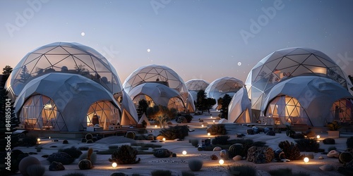Exploring Martian Colony with Geodesic Dome Houses in 3D Renderings at Dusk. Concept Martian Colony, Geodesic Dome Houses, 3D Renderings, Dusk, Exploration