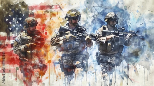 American military on the background of the flag, watercolor illustration.