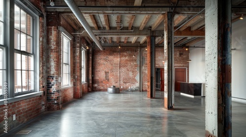 A wide shot of an industrial loft space featuring exposed brick walls, steel beams, and large windows. The space has a concrete floor and ample copyspace on the right side © Ilia Nesolenyi