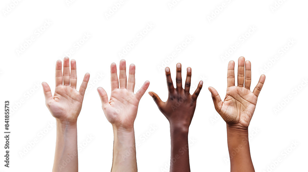 Diverse group raised hands up together for equality isolated on black background Diverse group raised hands up together for equality isolated on black background