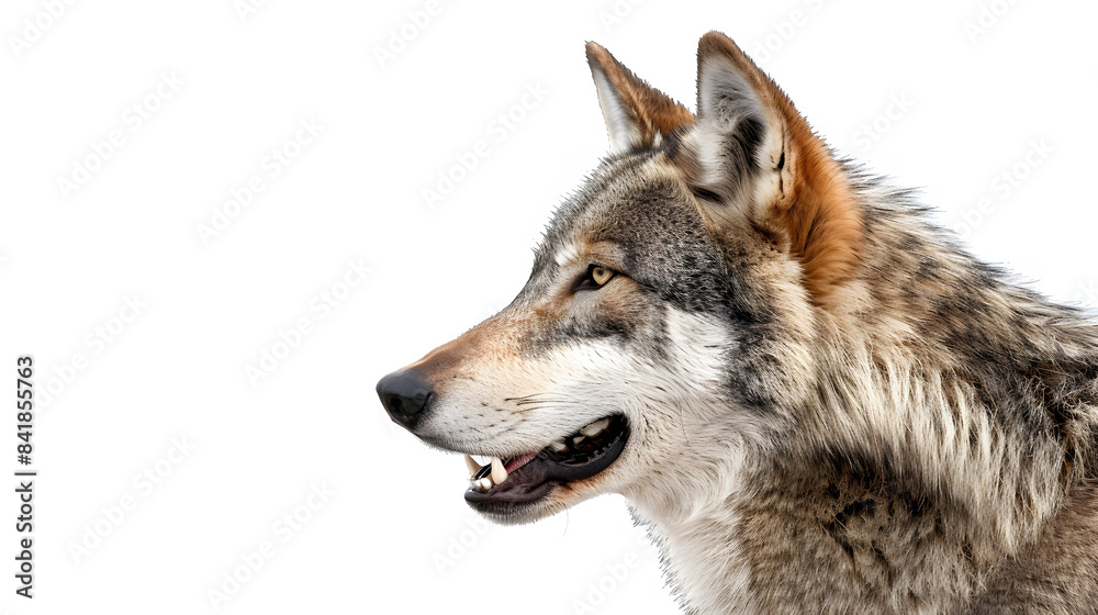 side view of a wolf, kind of wolfdog, looking away mouth open, cut out isolated on white background, space for captions, png