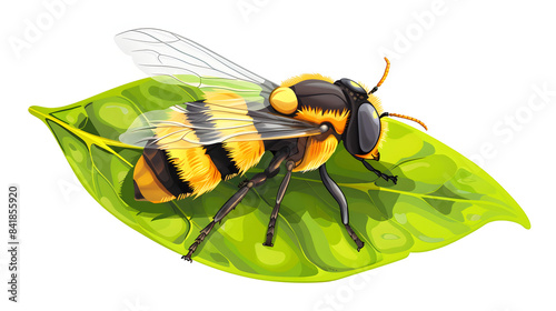 detailed closeup on the stripe-faced dronefly, eristalis nemorum, sitting on a green leaf isolated on white background, png photo