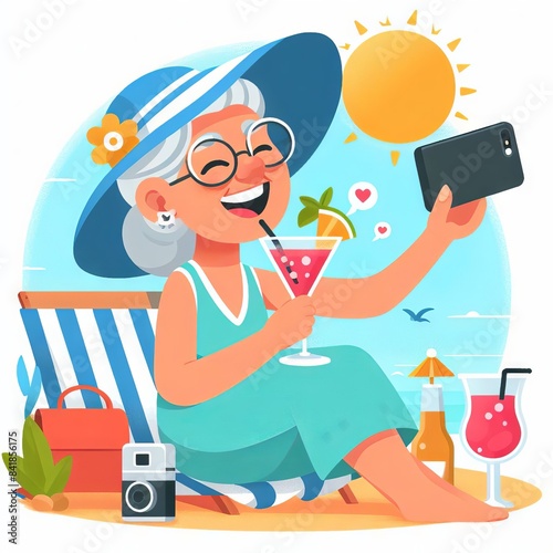 a fashionable senior lady sits on a sun lounger on the seashore, drinks a cocktail and films herself on a smartphone. flat style illustration
