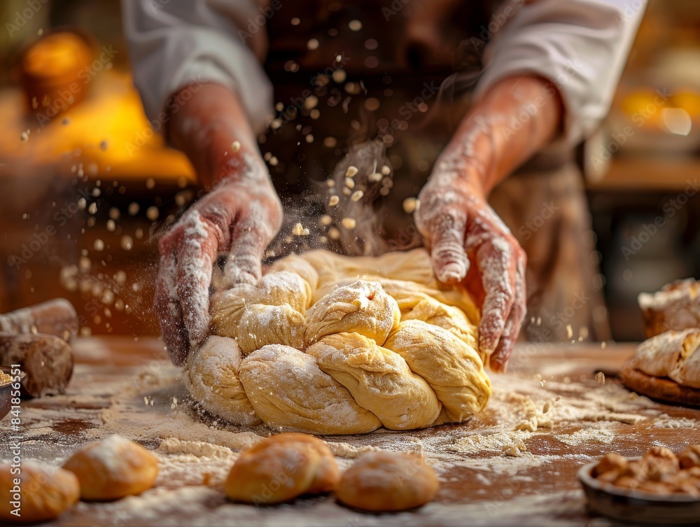 Master Baker Kneading Dough with Expertise, Ethereal Hand Movements in Classic Kitchen Setting Master Baker Kneading Dough with Expertise, Ethereal Hand Movements in Classic Kitchen Setting