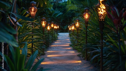 A stone path lined with lit torches leads through a dense garden  creating a warm and inviting atmosphere