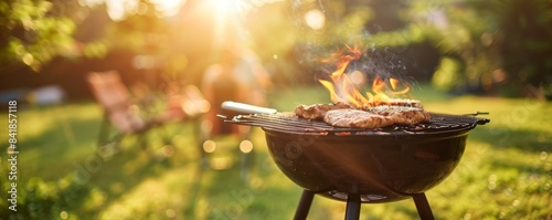 A barbecue grill with flames and food cooking in a sunny backyard setting, with chairs and trees in the background