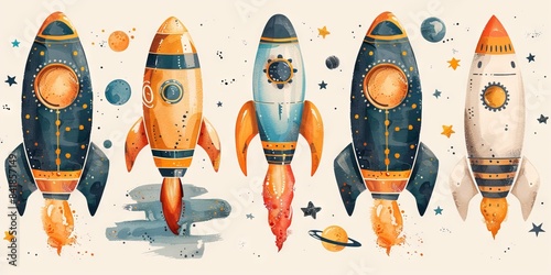 Illustration with various rockets and space objects. The image contains various stylized rockets, planets, stars
Concept: children's drawings, space, space exploration, learning, wallpaper for a child