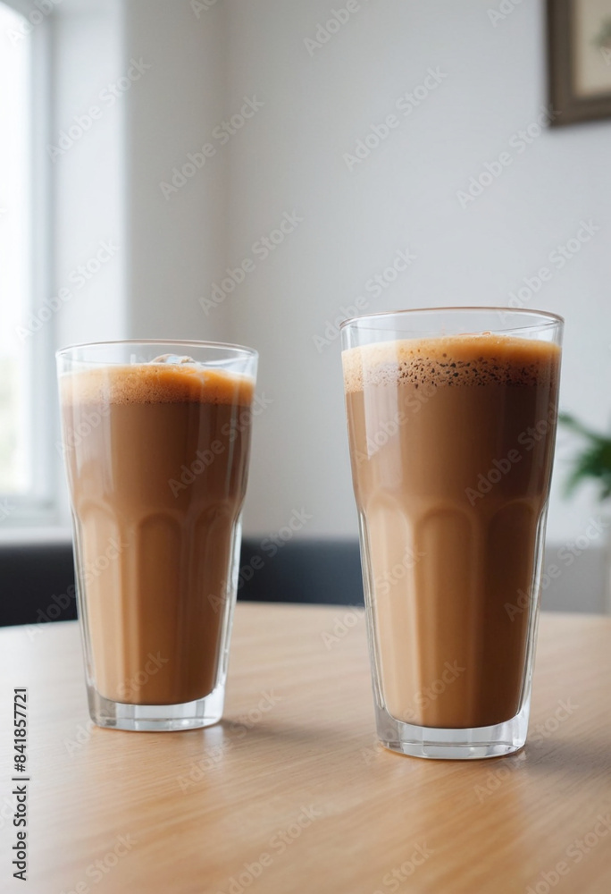 2 delicious looking cold coffee placed on each side of the table in front , parallel to each other , safe distance between both the glasses, front view 2 delicious looking cold coffee placed on each side of the table in front , parallel to each other , safe distance between both the glasses, front view