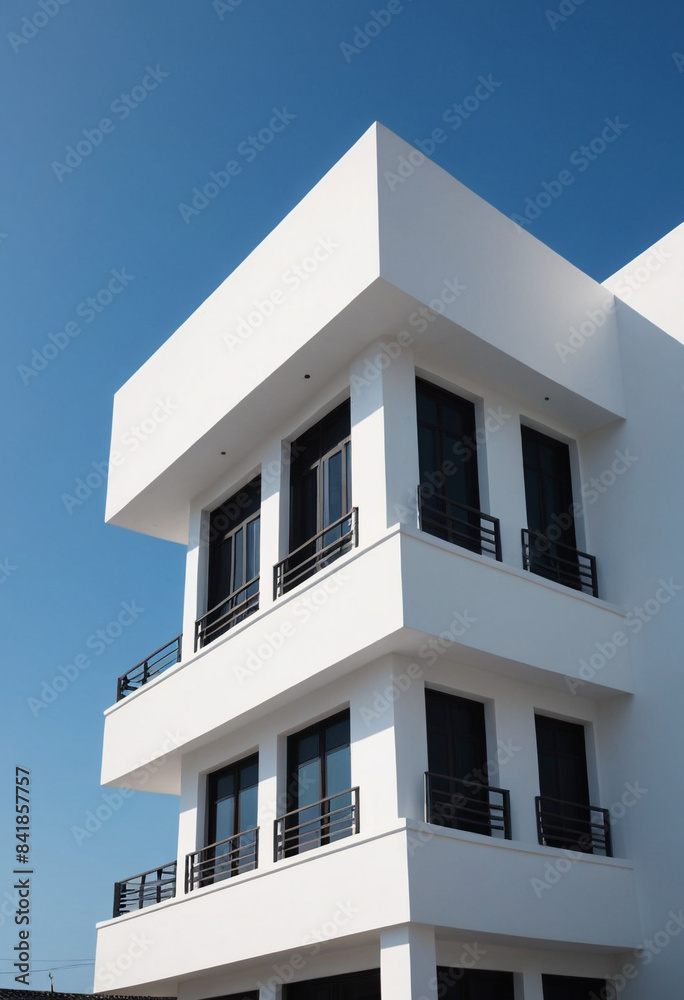 white building, corner of building, high contrast shadow, blue sky. Thai architecture, minimalist