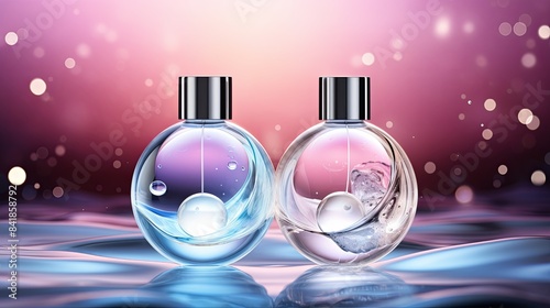 Radiant Cosmetic Essence Concept - Liquid Bubble with Molecule on Water Background, Elegant 3D Rendering Stock Illustration