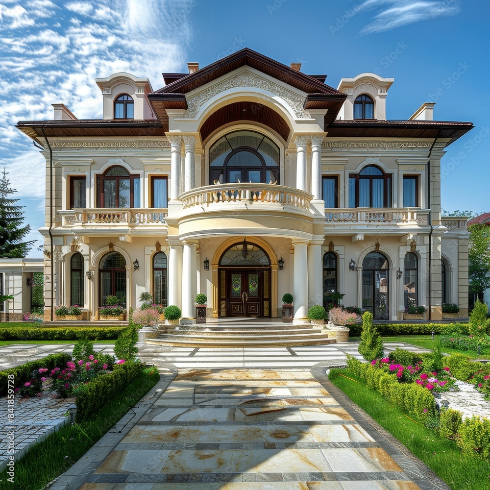Fototapeta premium Elegant Residential Building with Grand Entrance and Lush Garden | Architectural Photography of Modern Home