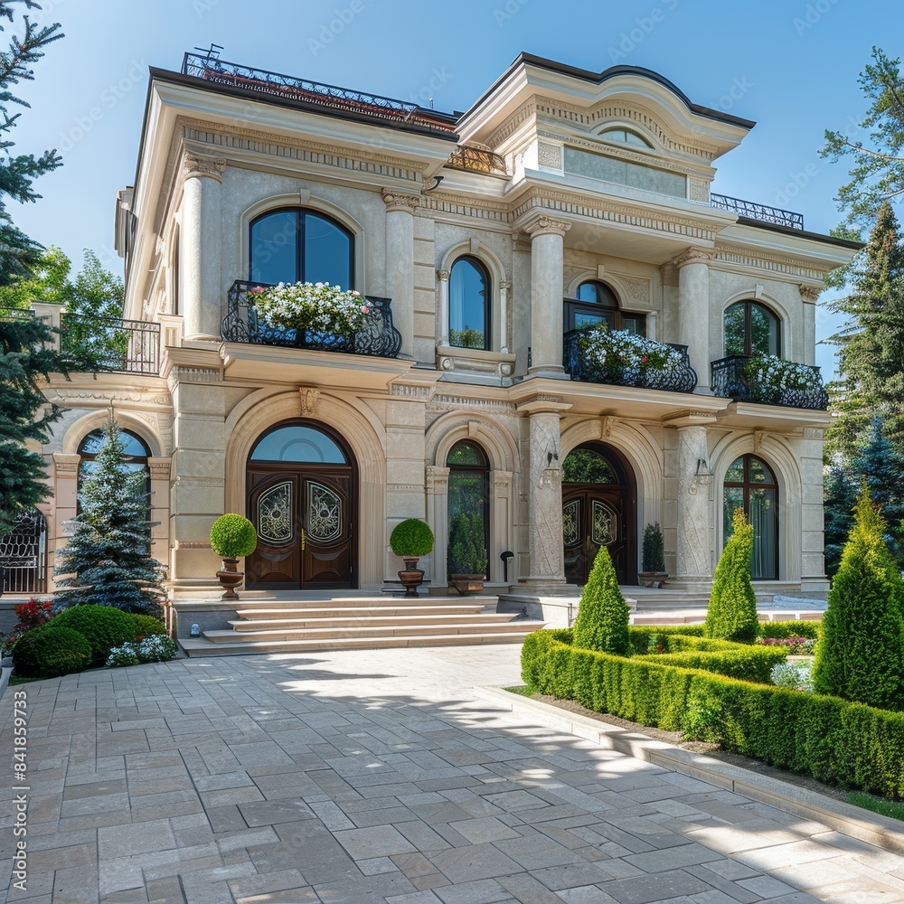 Fototapeta premium photographed in the style Photography of Beautiful residential building with a grand entrance, large windows, and a well-kept garden