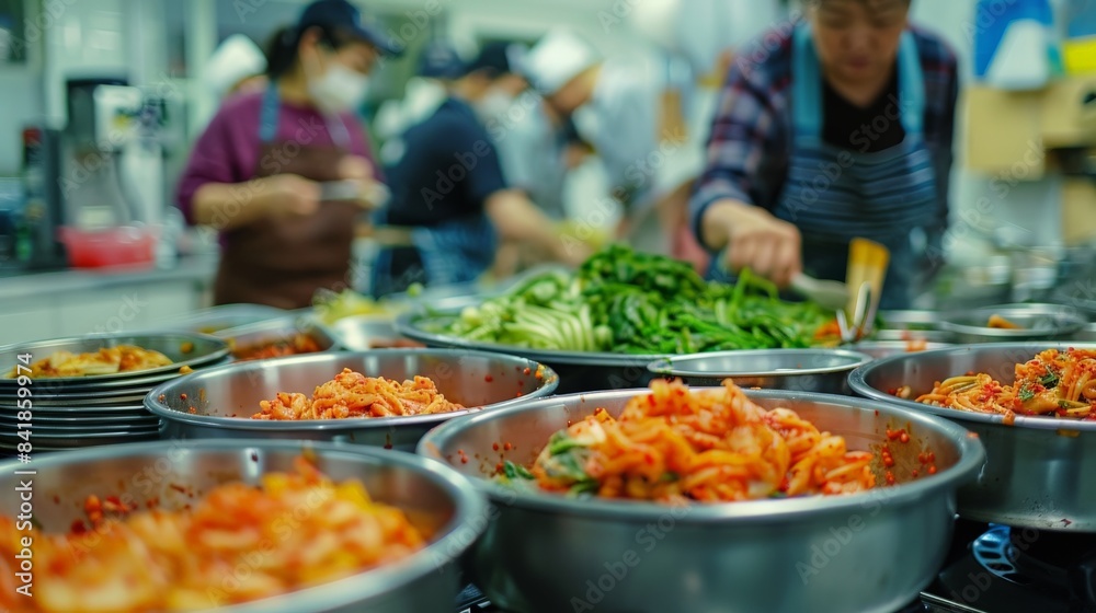 A Korean kimchi-making workshop in a local community center, teaching people the techniques and traditions of Korean cooking. A Korean kimchi-making workshop in a local community center, teaching people the techniques and traditions of Korean cooking.
