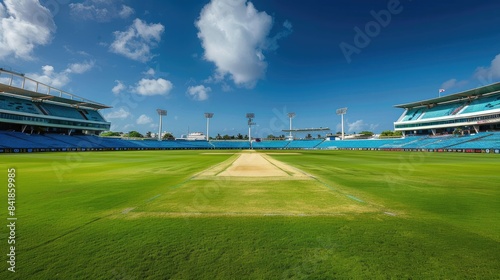  "Serenity in Solitude: Empty Cricket Stadium with Wicket at Center Captured in Wide Angle Shot"