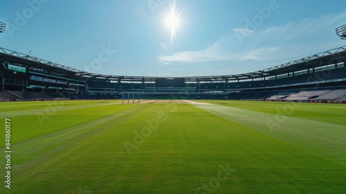 "Serenity in Solitude: Empty Cricket Stadium with Wicket at Center Captured in Wide Angle Shot"