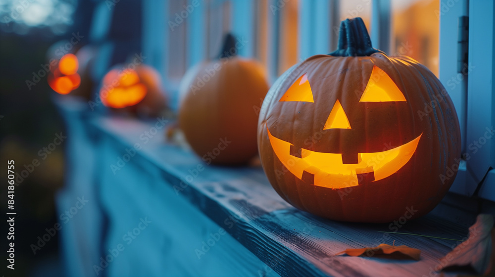 Autumn’s Glow. Carved pumpkins with lit candles inside, placed on a windowsill during dusk. Halloween Autumn’s Glow. Carved pumpkins with lit candles inside, placed on a windowsill during dusk. Halloween