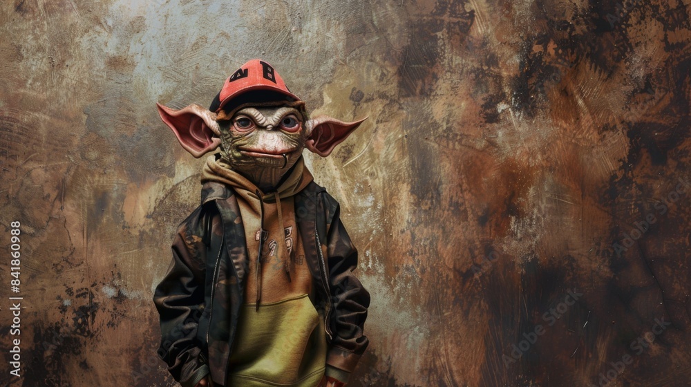 Fototapeta premium A goblin with a cheeky grin sports high-end streetwear, blending urban style with a touch of fantasy. His attire and confident pose add a unique twist to the mythical creature trope.