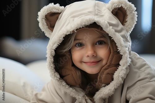 a kid in a bear doll outfit on white living room background photo