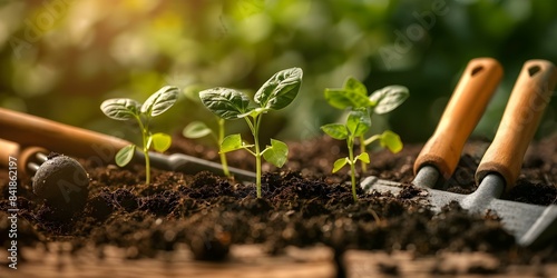 Close-Up of Seedlings in Soil with Gardening Tools and Sunlight, Highlighting Growth. Concept Close-Up, Seedlings, Soil, Gardening Tools, Sunlight, Growth photo