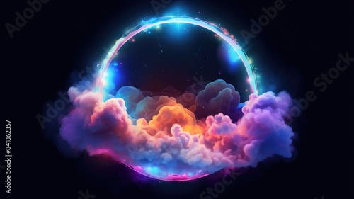 Spectacular cosmic cloud explosion within transparent sphere with black background. Colorful nebula and stars in space concept with purple neon . Digital art for wallpaper and creative design. AIG35.