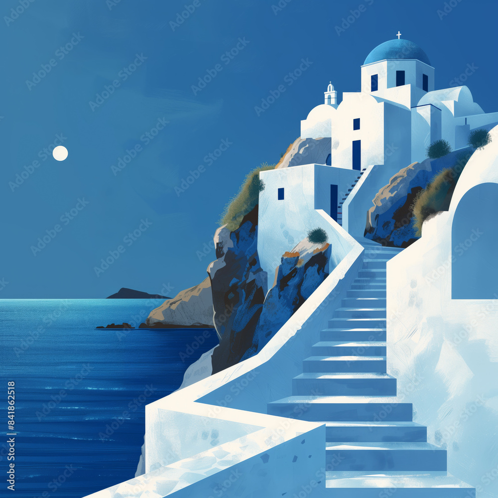 Obraz premium a typical greek orthodox monastery and village with white walls and blkue dome on top of a cliff above the aegean sea, Greece 