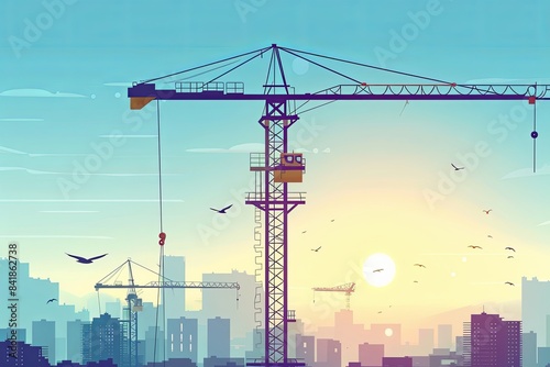 Illustration of a modern construction crane, hoisting, towering and efficient amidst bustling cityscape, modern urban construction