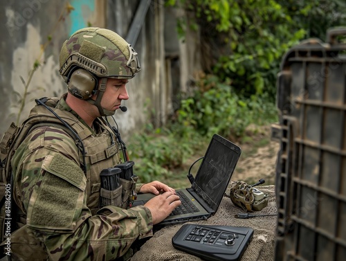 A soldier in camouflage gear operates a laptop in an outdoor setting, surrounded by equipment and foliage.