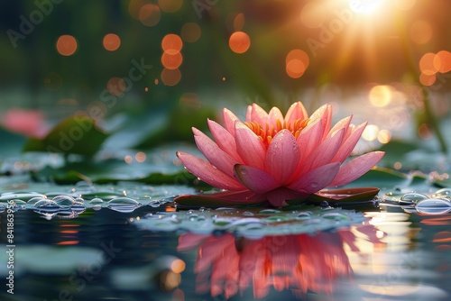 Lotus flower emerging from the water, symbolizing purity and enlightenment.