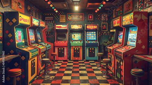A vibrant and colorful retro arcade filled with vintage game machines, classic decor, and playful ambiance, perfect for nostalgia