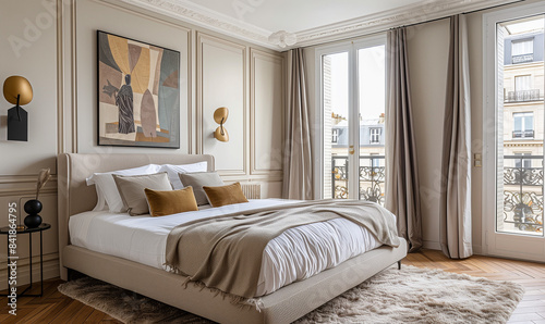 Bedroom design interior in neoclassic style. Beige walls with plaster stucco. Bed, windows, curtains, modern art