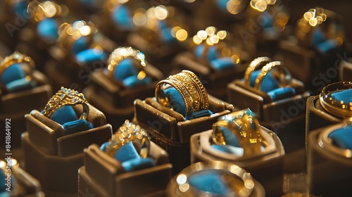 A collection of handcrafted golden rings on display in a jewelry store photo