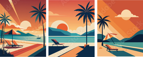Summer, sun and sale. Vector minimalistic illustration of sun rays, swimming pool with sun lounger and umbrella and tropical palm leaf, orange and sea beach with sand for background.