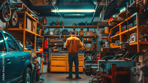 a man stands in a garage with tools