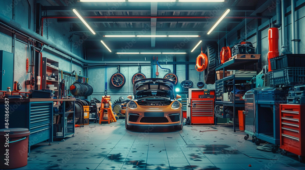 the car is in the garage the car is in the garage