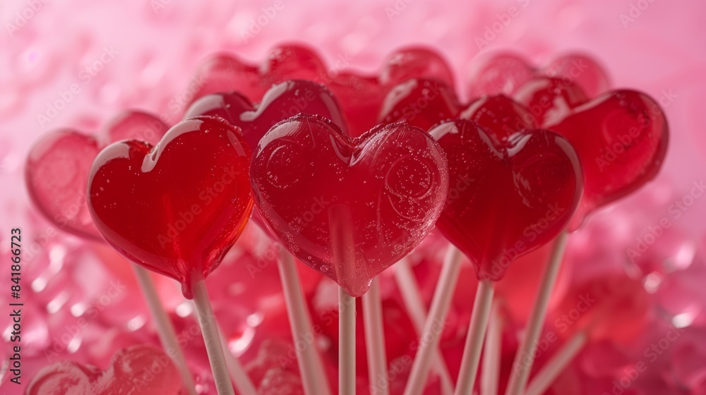 a group of heart shaped lollipops sitting on top of a pink surface with lots of heart shaped lollipops. a group of heart shaped lollipops sitting on top of a pink surface with lots of heart shaped lollipops.