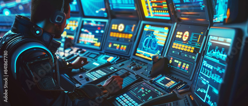A specialist operates advanced computerized equipment in a futuristic control room filled with screens and dynamic data displays. photo